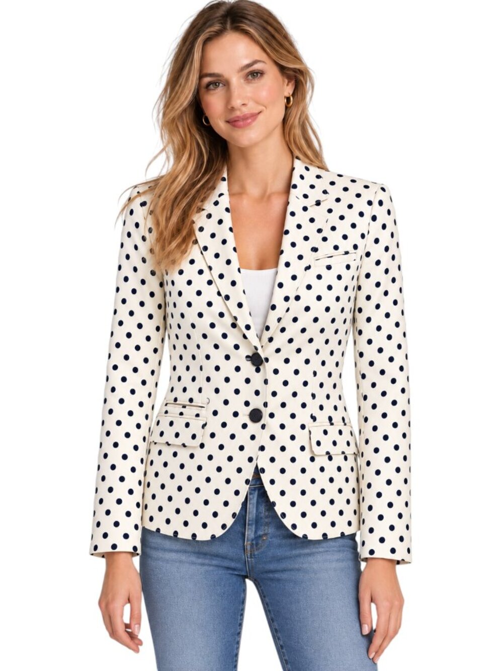 J. Crew Schoolboy White Navy Polka Dot Linen Blazer